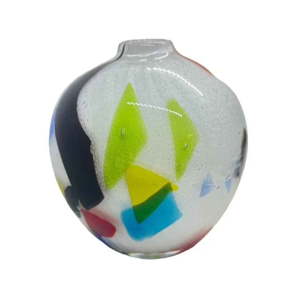 Crate and Barrel Bud Vase White Hand Blown Art Glass Splatter Cased Ziggy 4.5